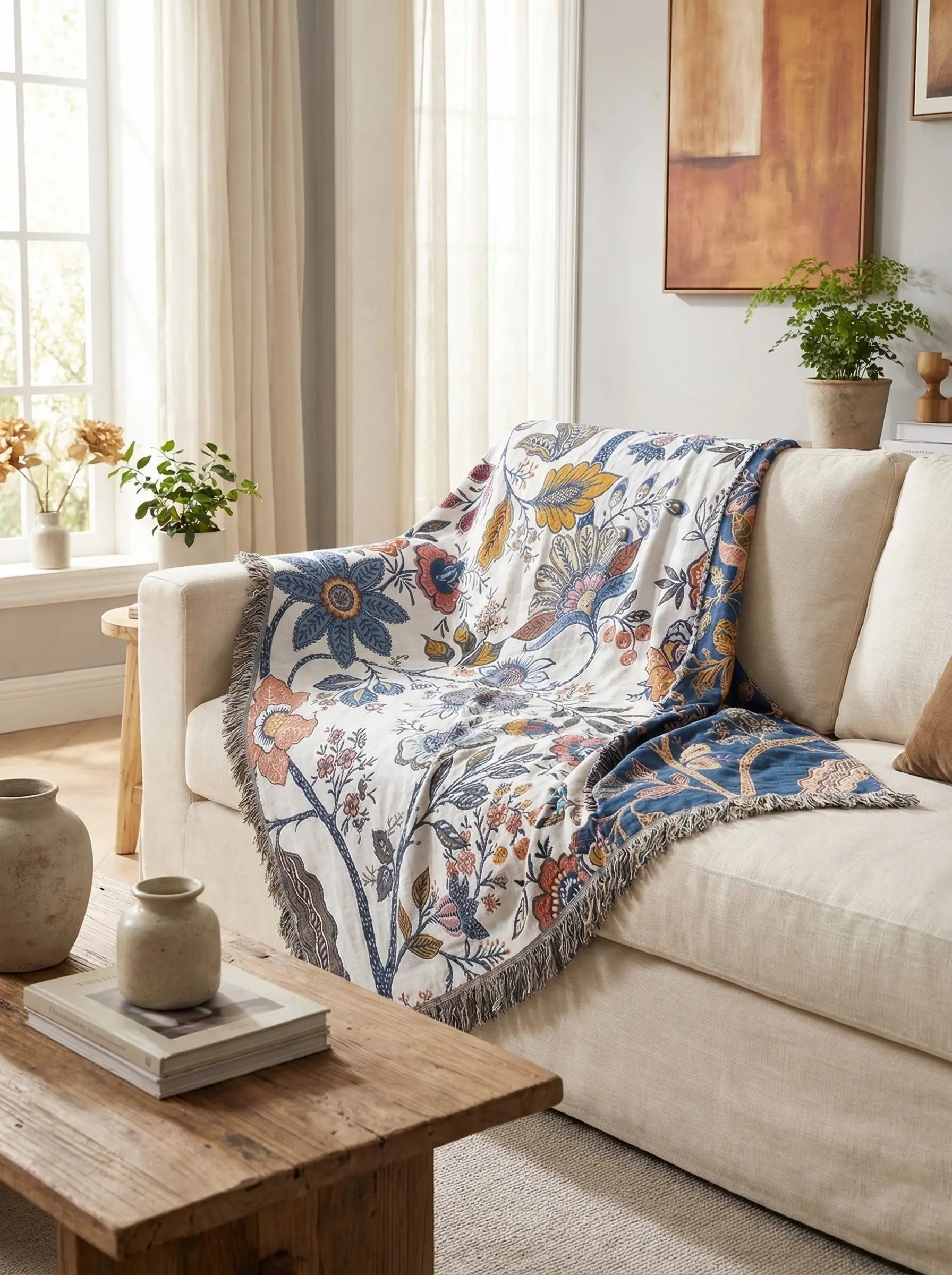 Manta Floral De Algodón Para Sofá | Manta Decorativa Para Cama-Blanket-SeemSeem
