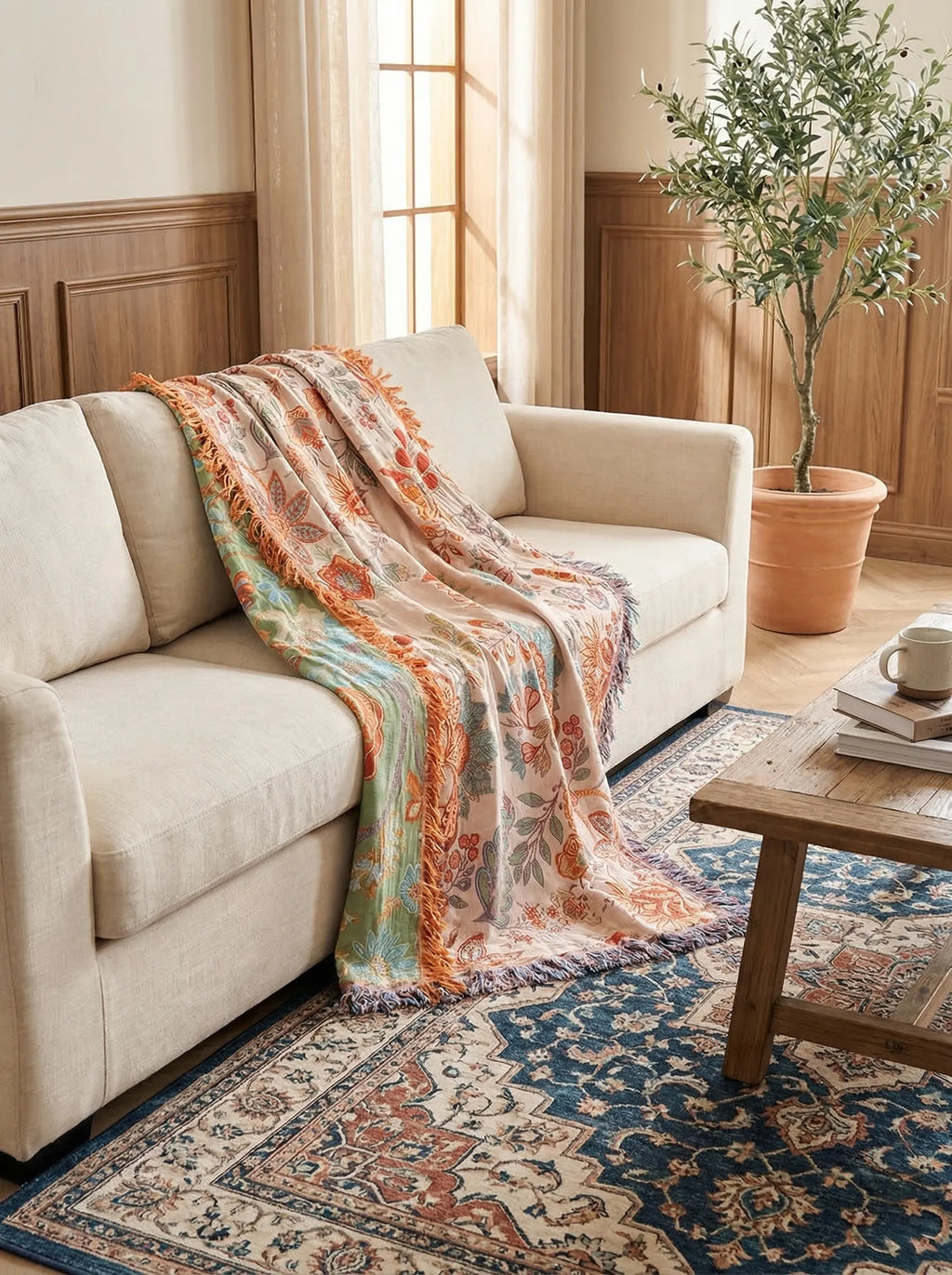 Manta Boho Floral De Algodón | Manta Decorativa Para Sofá O Cama-Blanket-SeemSeem