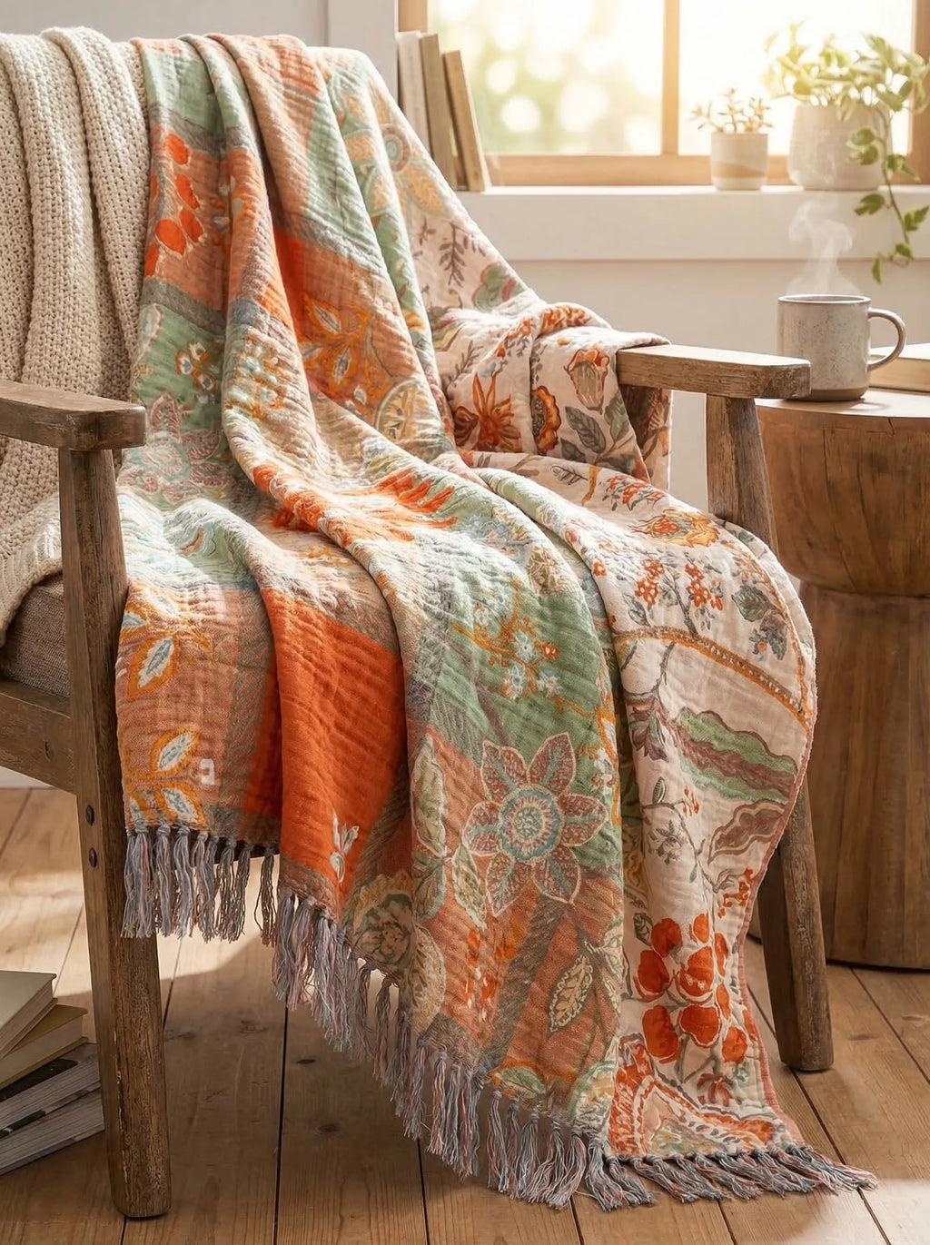 Manta Boho Floral De Algodón | Manta Decorativa Para Sofá O Cama-Blanket-SeemSeem
