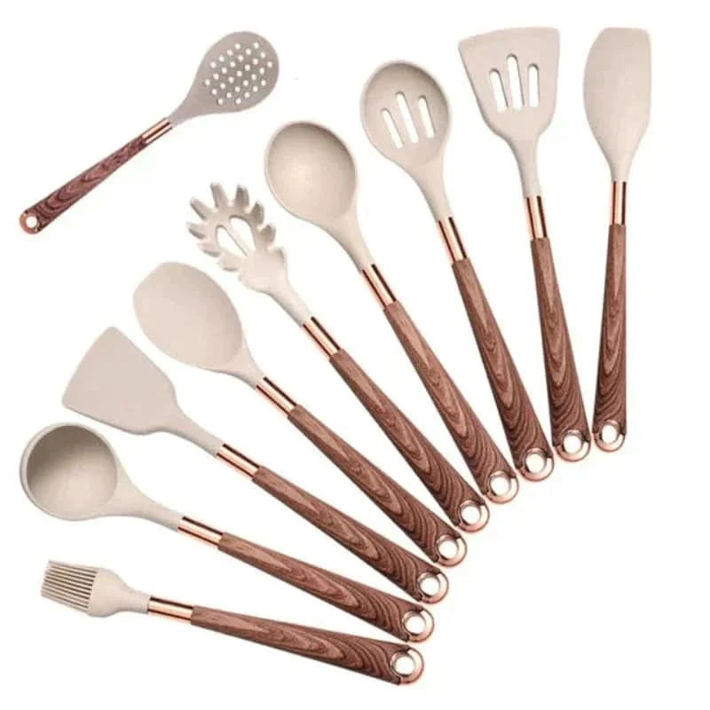 Set De Utensilios De Cocina De Silicona | Kit Antiadherente Con Acabado Madera-Utensils-SeemSeem