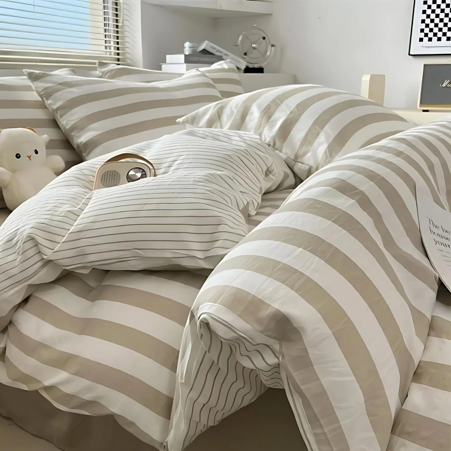 Juego de Cama a Rayas Beige | Patrón Horizontal Fundas y Ropa de Cama-bedding-SeemSeem