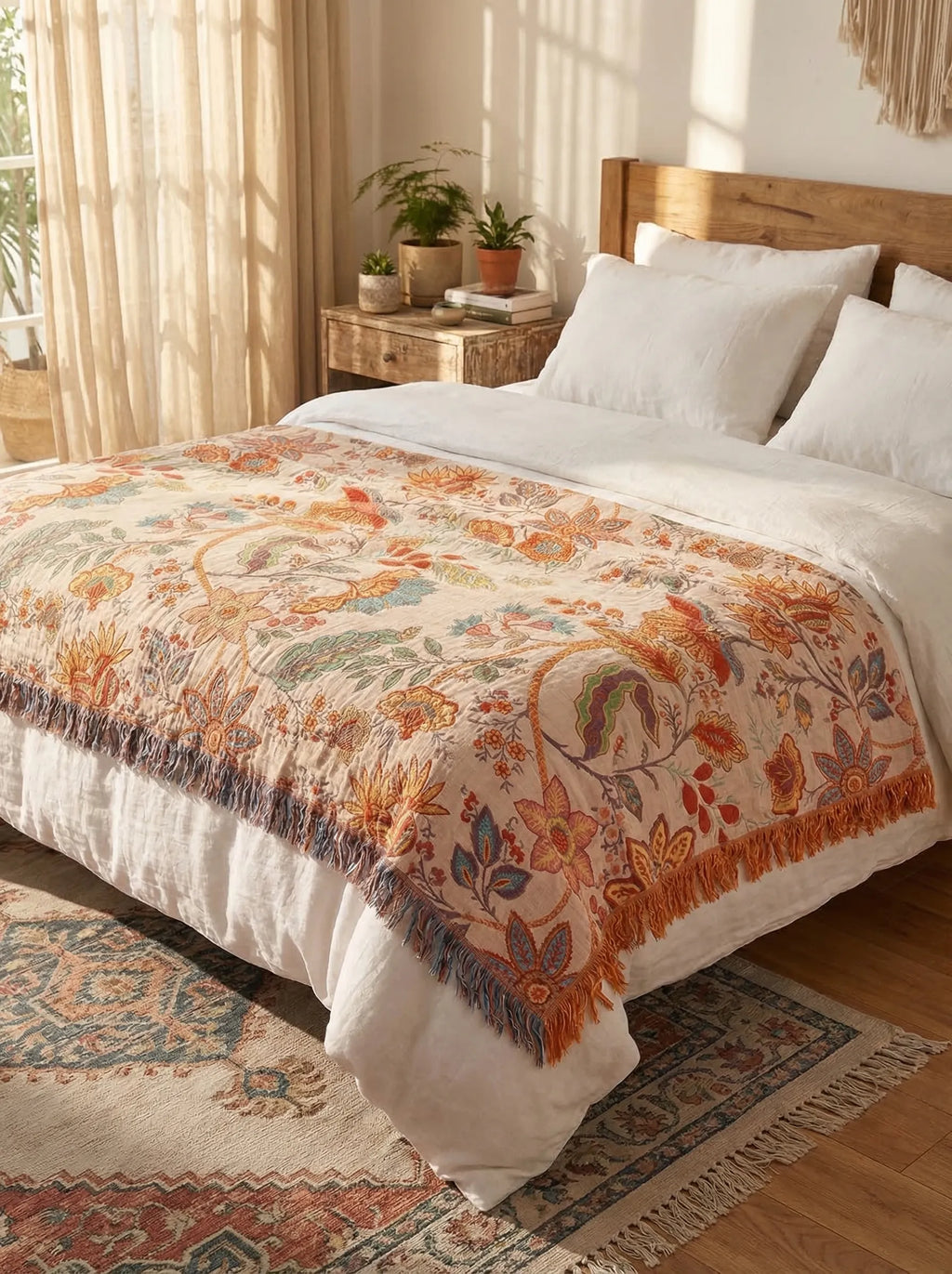 Boho-Blumenmanta aus Baumwolle | Dekorative Decke für Sofa oder Bett – Blanket-SeemSeem