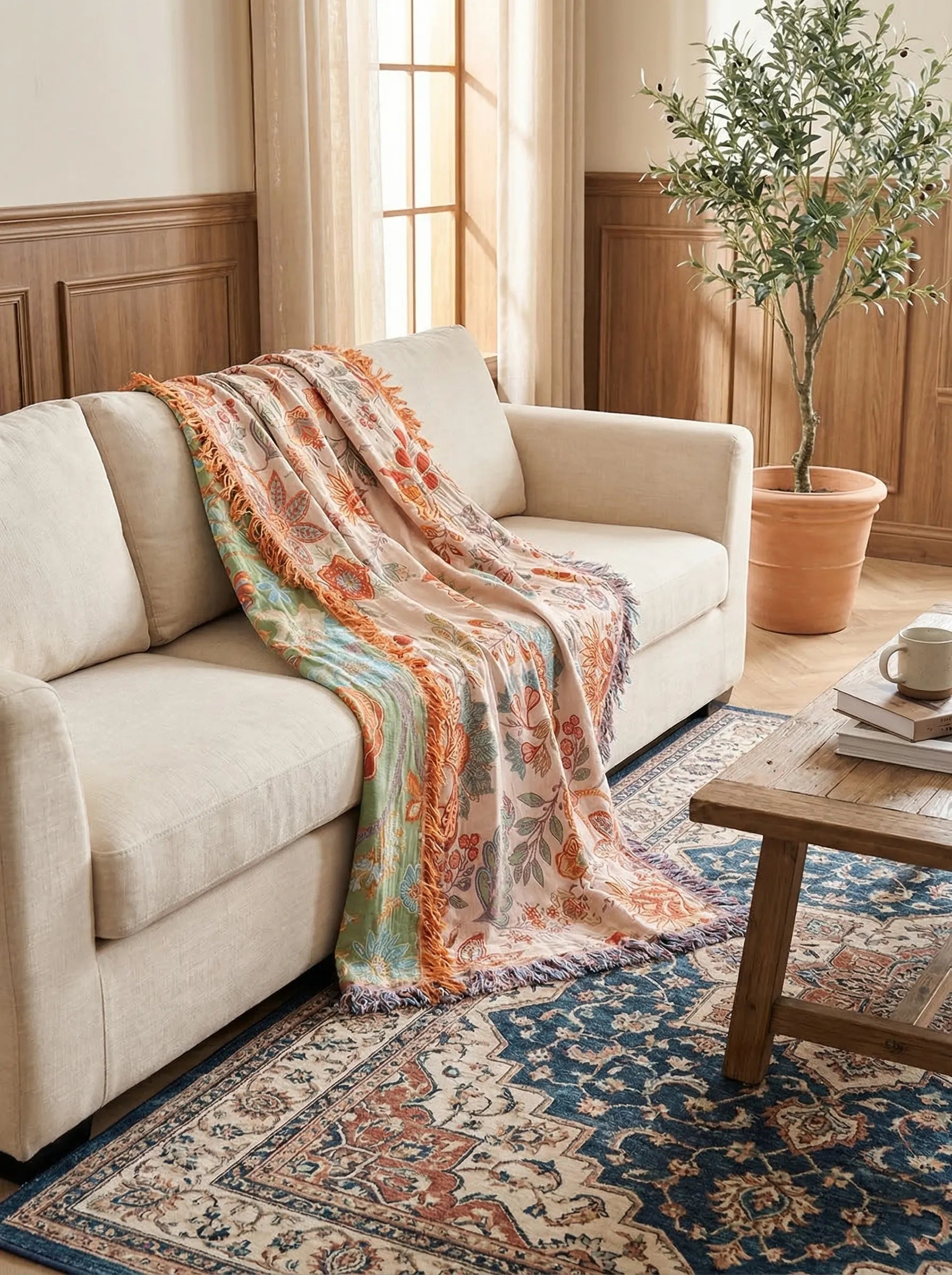 Boho-blumige Baumwolldecke | Dekorative Decke für Sofa oder Bett – Blanket-SeemSeem