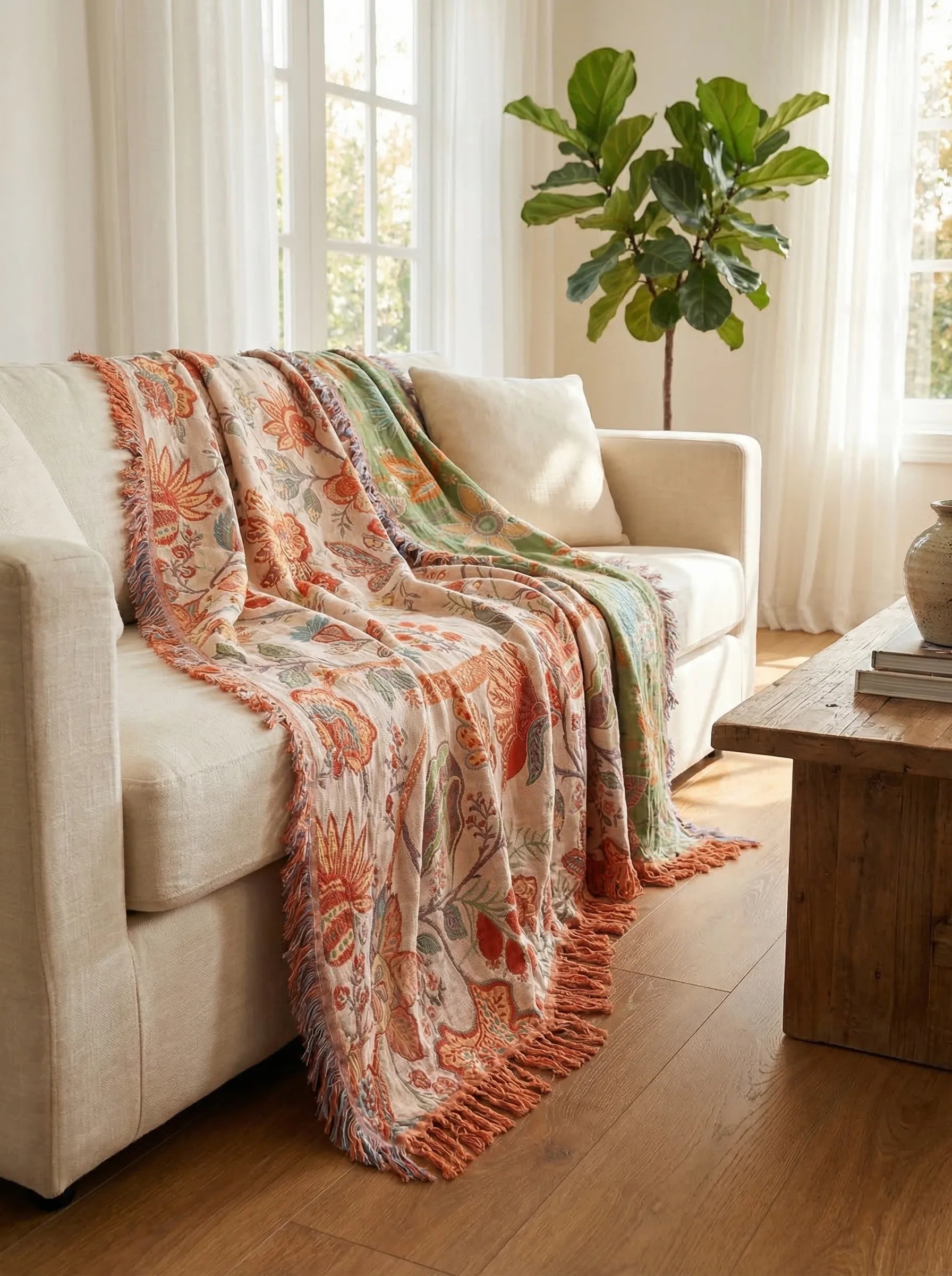 Boho-Baumwolldecke mit Blumenmuster | Dekorative Decke für Sofa und Bett - Blanket-SeemSeem