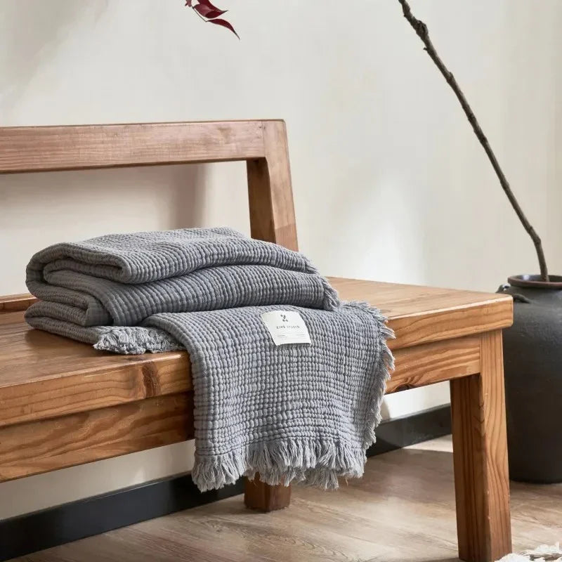 Manta Texturizada con Flecos | Acabado Relieve Rectangular Para Sofá y Cama-Blankets-SeemSeem
