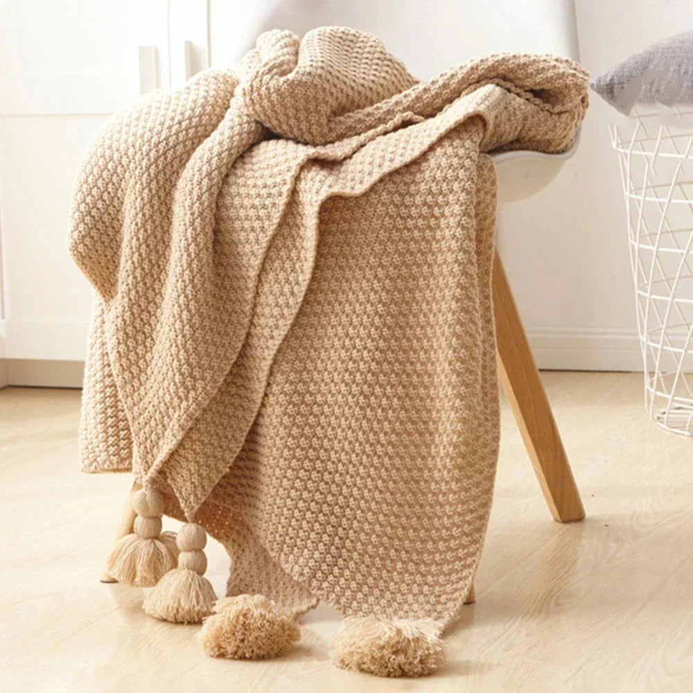 Manta Tejida Decorativa | Diseño Con Borlas-Blanket-SeemSeem