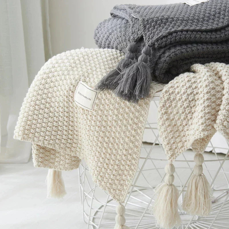 Manta Tejida Decorativa | Diseño Con Borlas-Blanket-SeemSeem