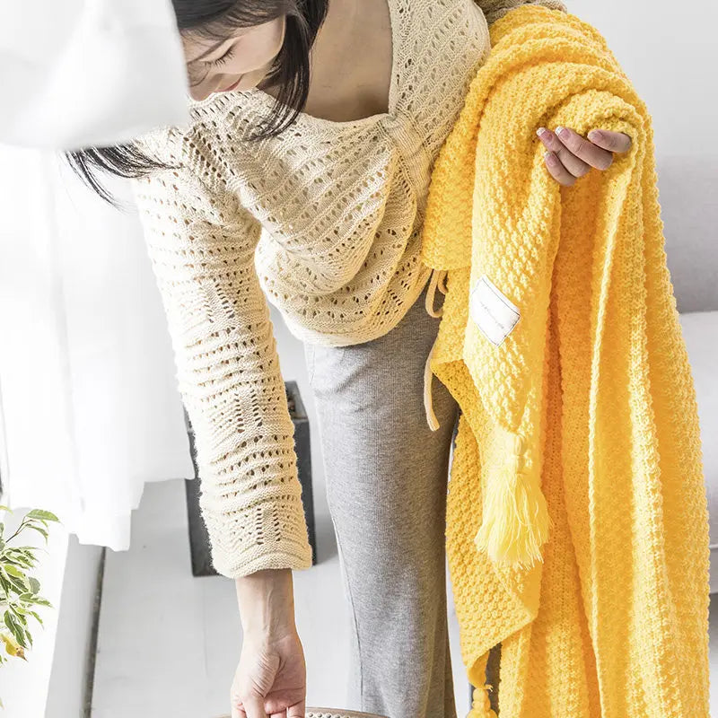 Manta Tejida Decorativa | Diseño Con Borlas-Blanket-SeemSeem