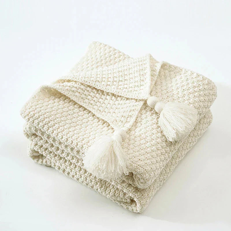 Manta Tejida Decorativa | Diseño Con Borlas-Blanket-SeemSeem
