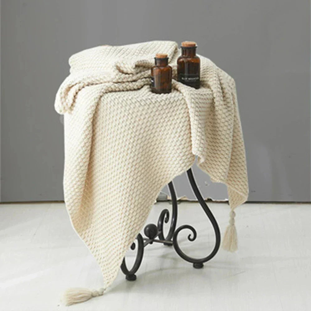 Manta Tejida Decorativa | Diseño Con Borlas-Blanket-SeemSeem