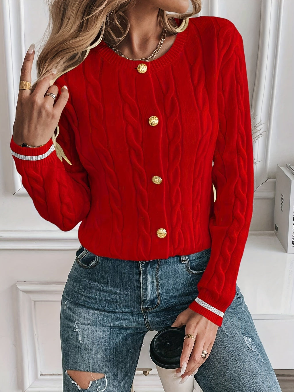 Cárdigan De Punto Trenzado Para Mujer | Botones Dorados · SeemSeem