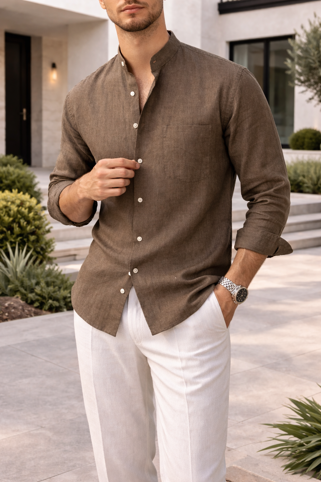 Camisa Cuello Mao Para Hombre | Lino · SeemSeem