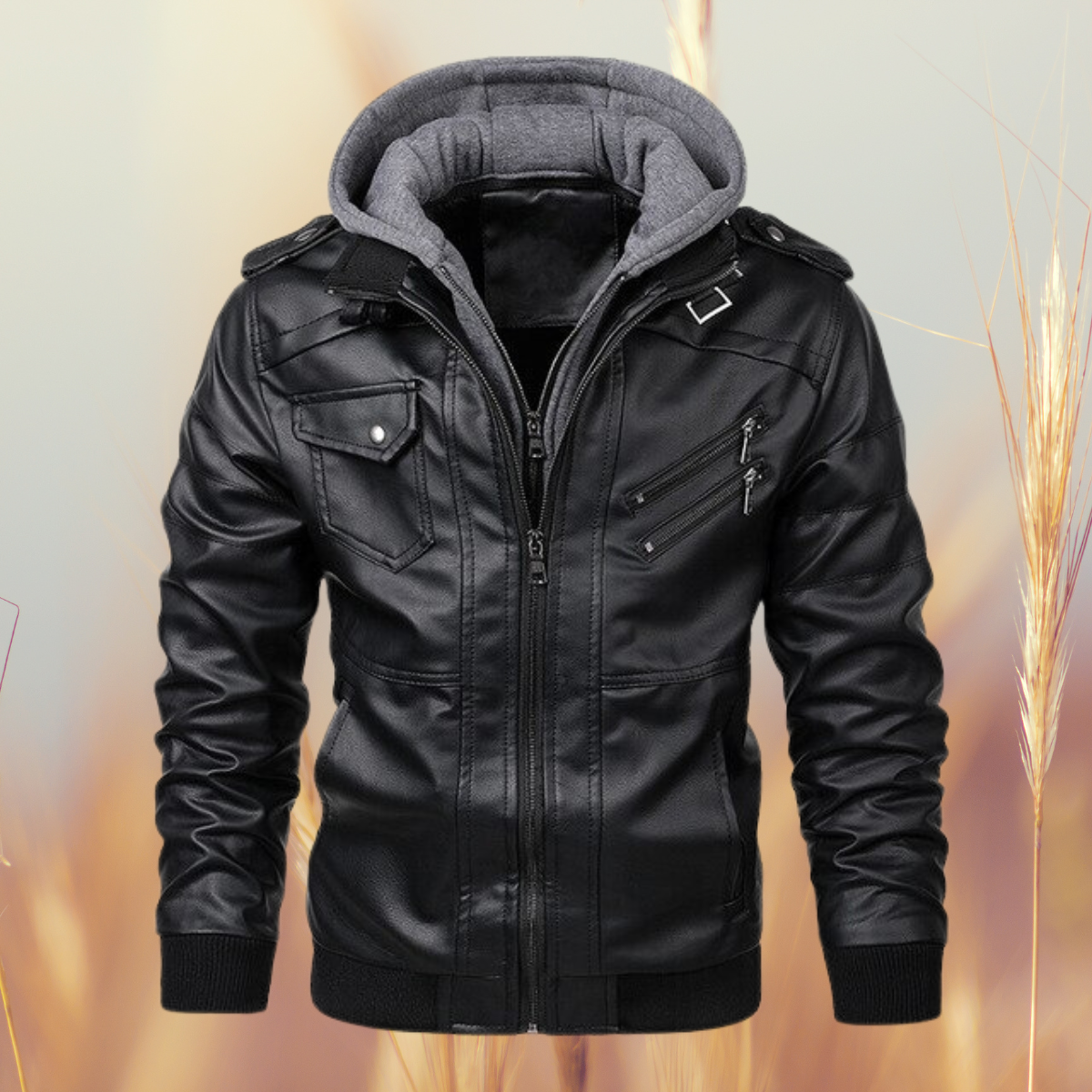 Chaqueta Biker De Cuero Para Hombre | Capucha Extraíble · SeemSeem