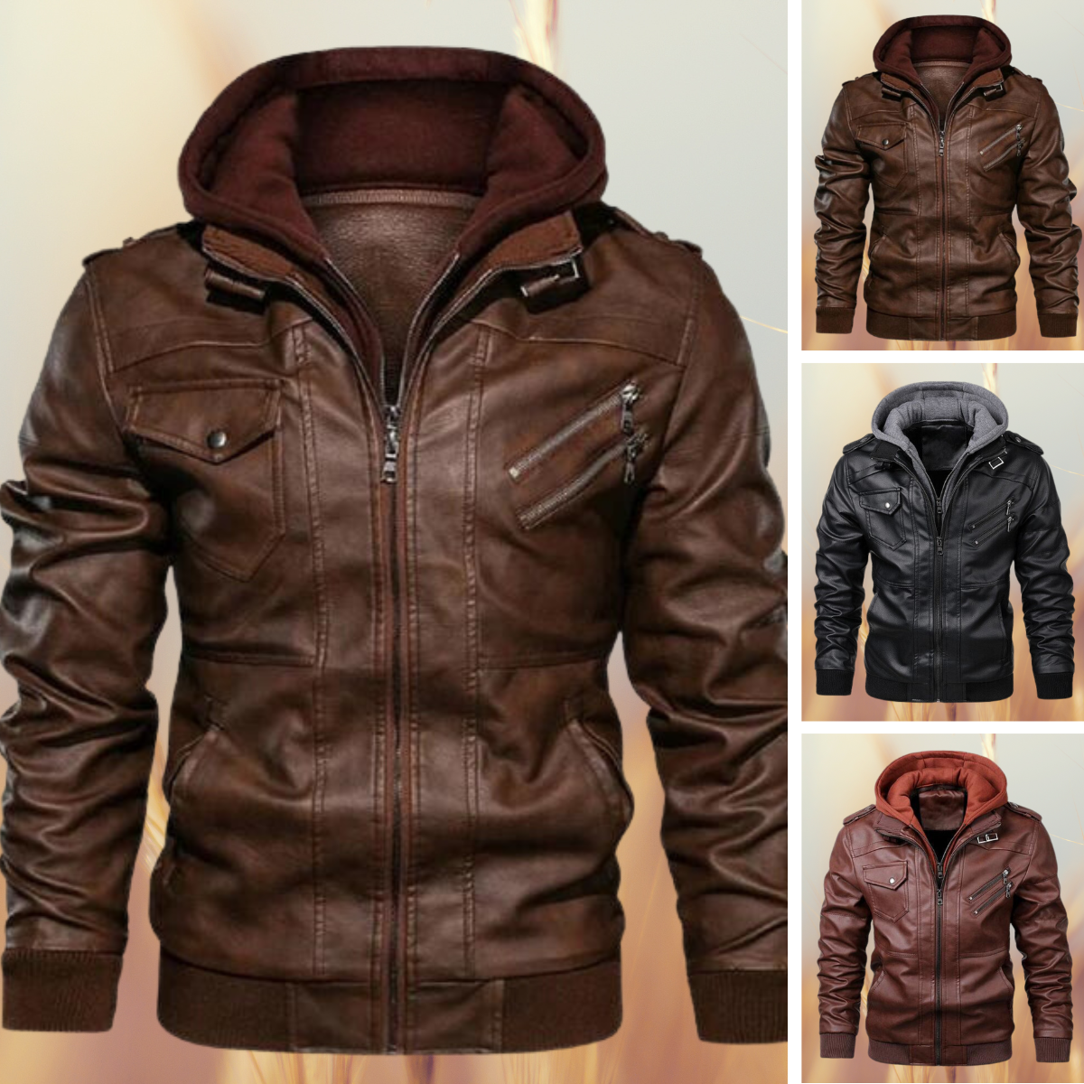 Chaqueta Biker De Cuero Para Hombre | Capucha Extraíble · SeemSeem