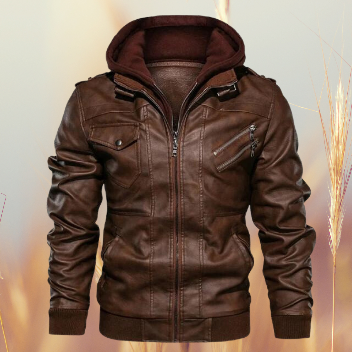 Chaqueta Biker De Cuero Para Hombre | Capucha Extraíble · SeemSeem