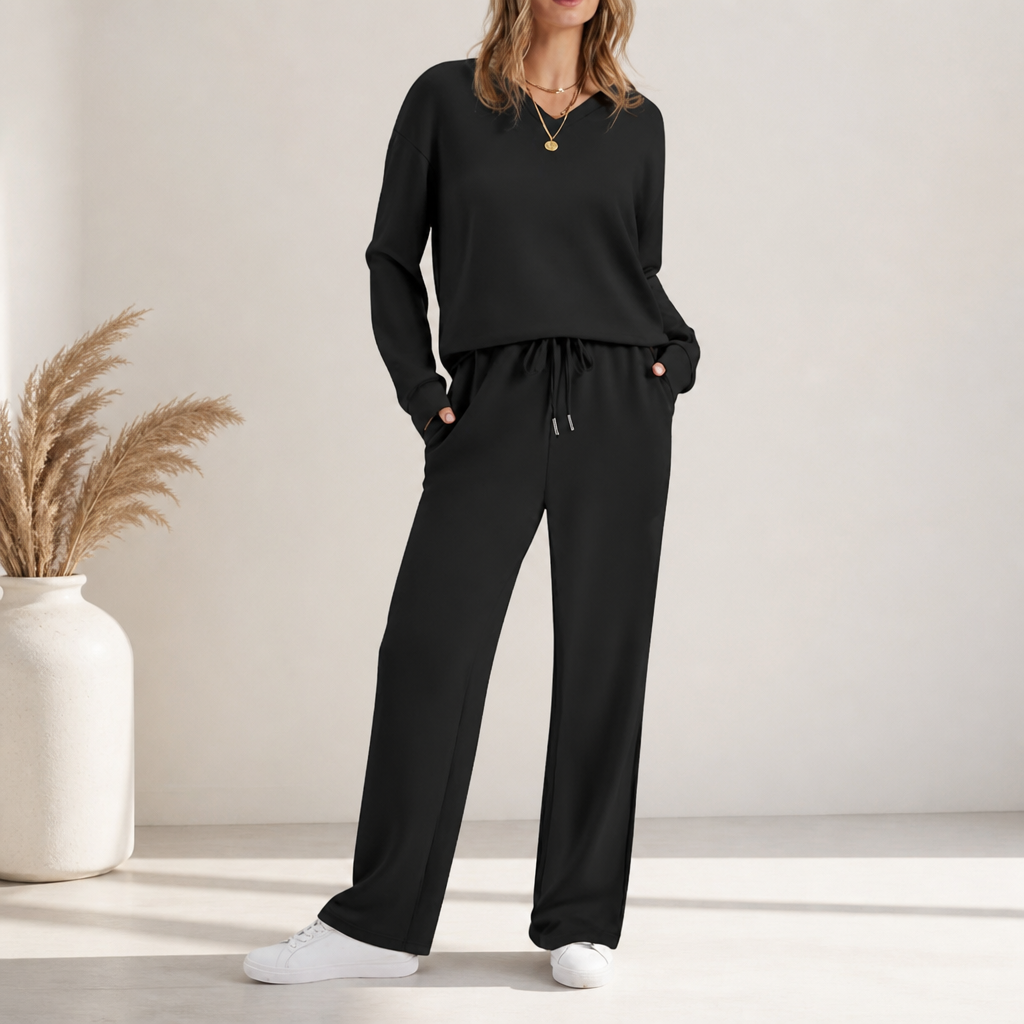 Conjunto De Estar Por Casa Con Cuello De Pico Para Mujer | Pantalón Ancho · SeemSeem
