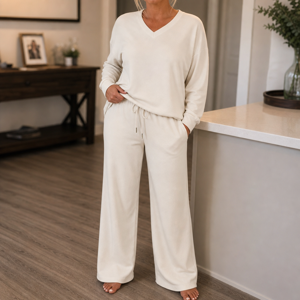 Conjunto De Estar Por Casa Con Cuello De Pico Para Mujer | Pantalón Ancho · SeemSeem