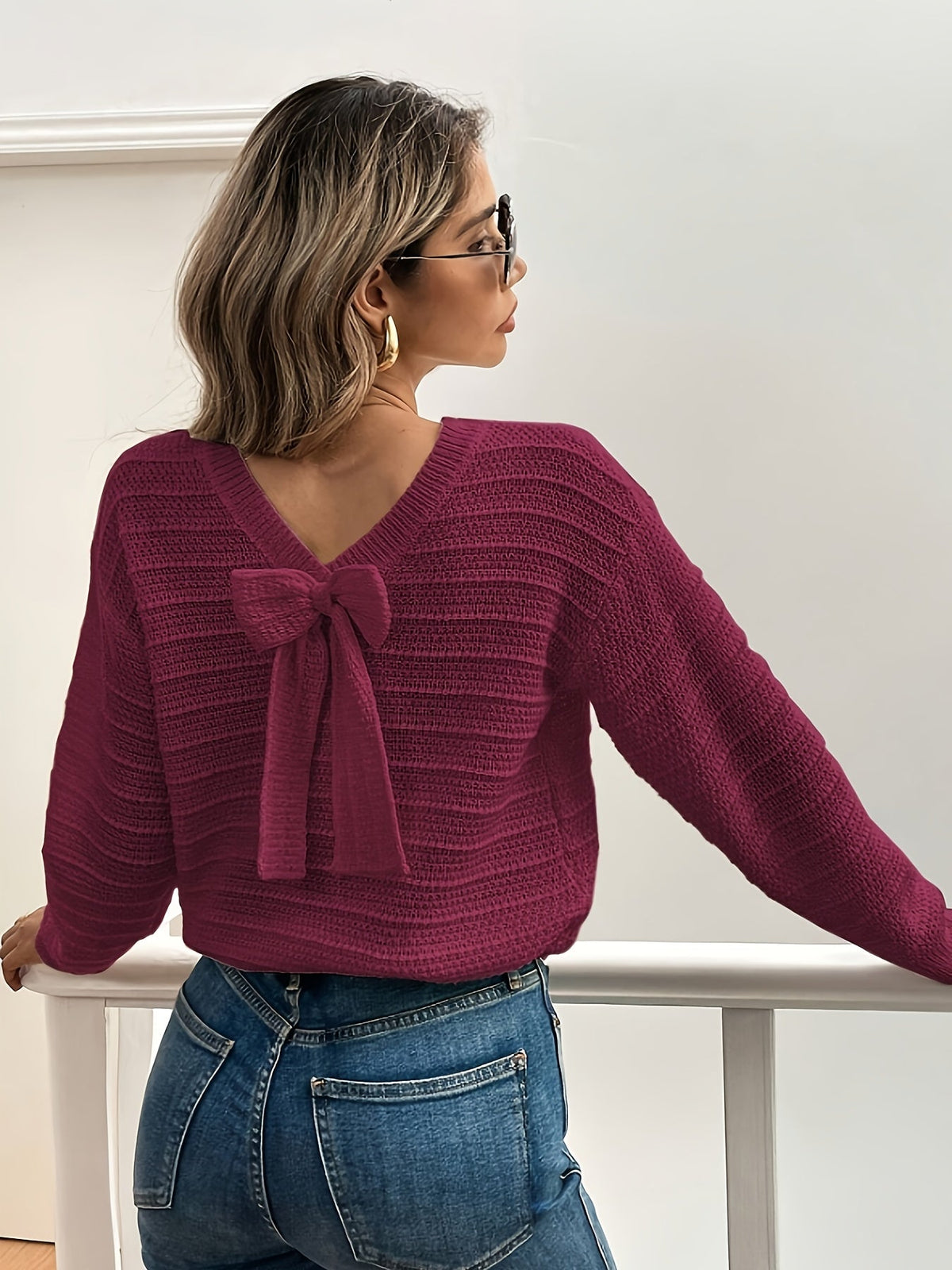 Jersey De Punto Con Lazo Para Mujer | Escote Pico · SeemSeem