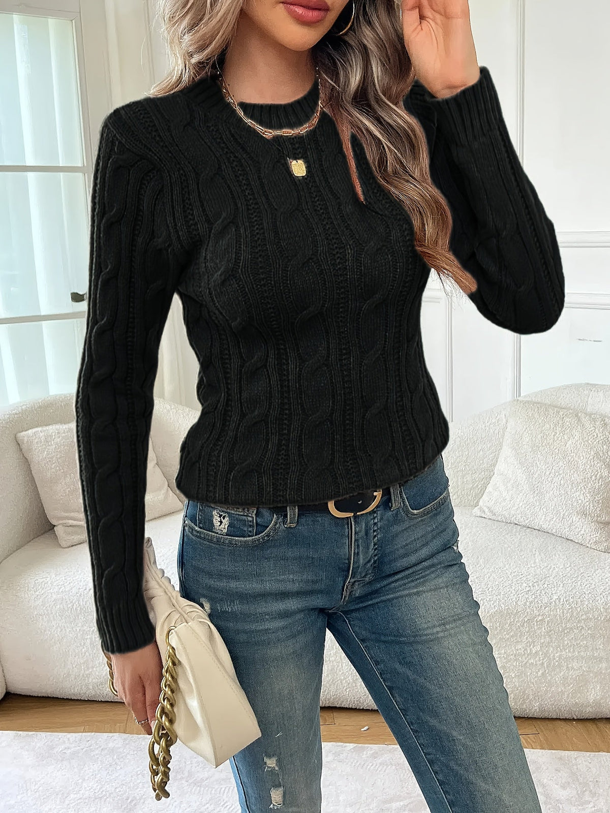 Jersey De Punto Trenzado Para Mujer | Cuello Redondo · SeemSeem