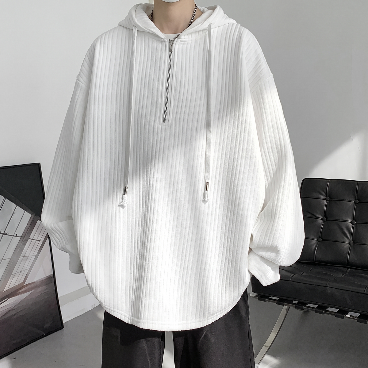 Sudadera Con Capucha Media Cremallera Para Hombre | Textura Acanalada · SeemSeem