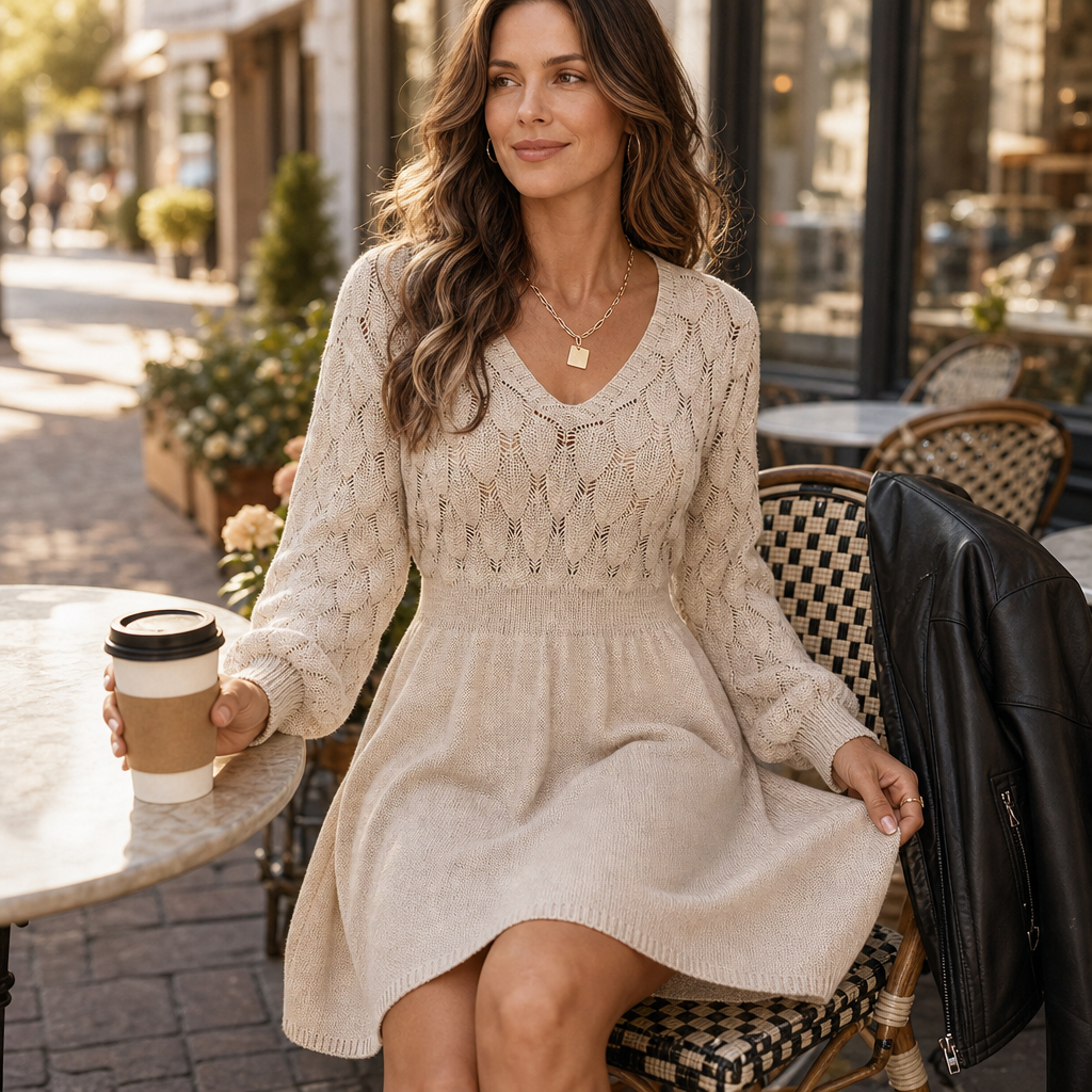 Vestido Con Cuello De Pico Para Mujer | Punto Calado · SeemSeem