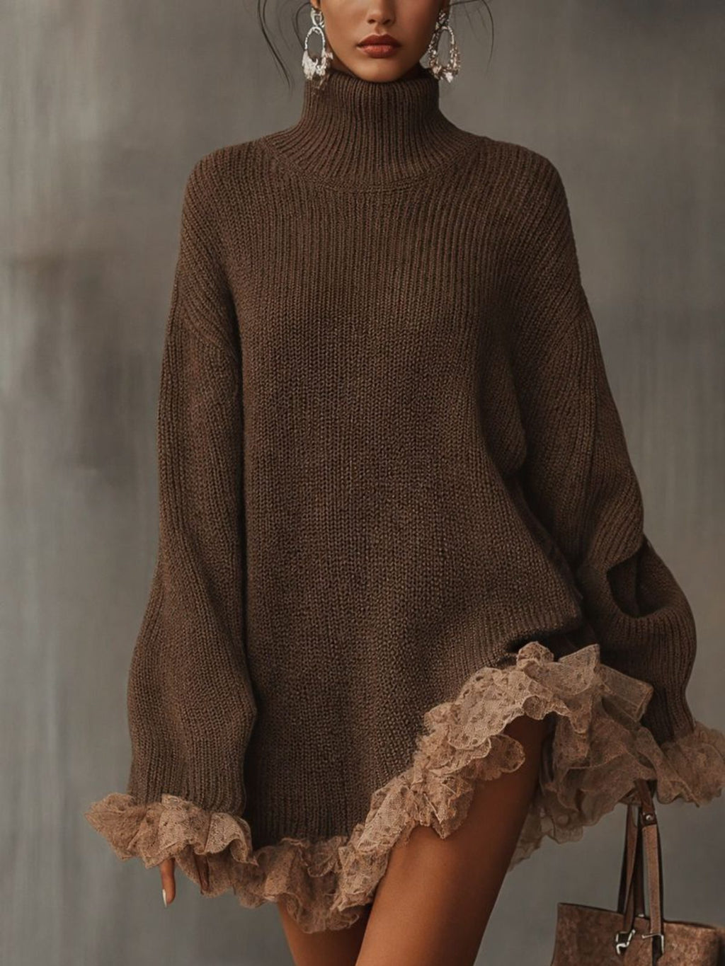 Vestido De Punto Cuello Alto Para Mujer | Bajo Encaje · SeemSeem