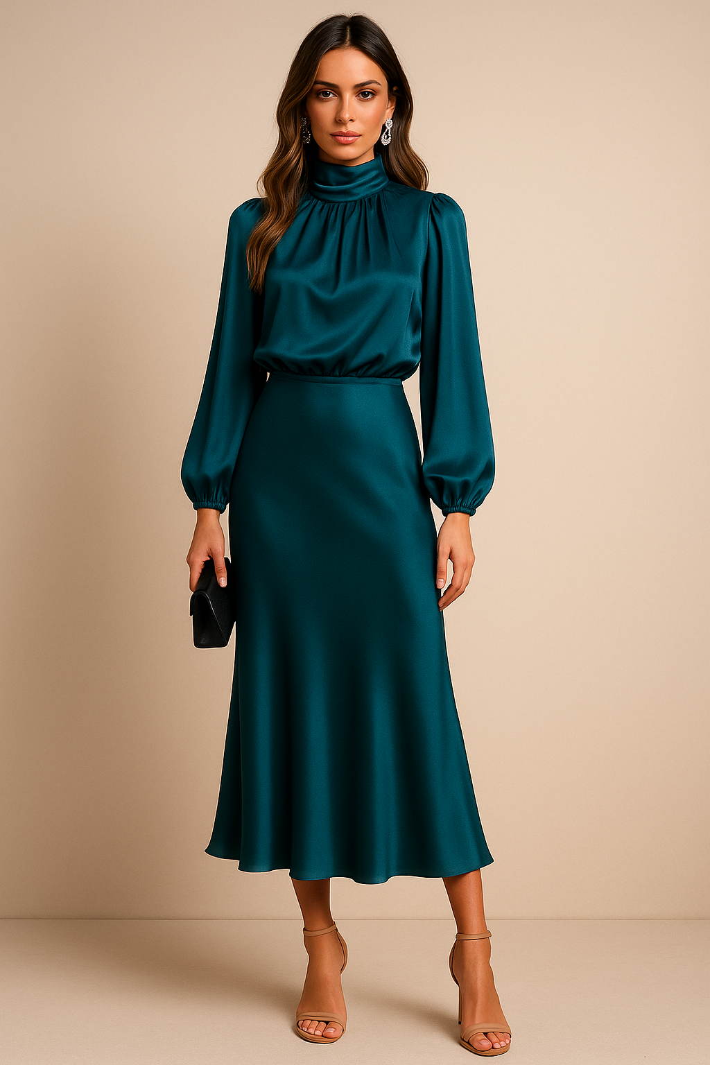 Vestido Midi De Satén Para Mujer | Cuello Alto · SeemSeem