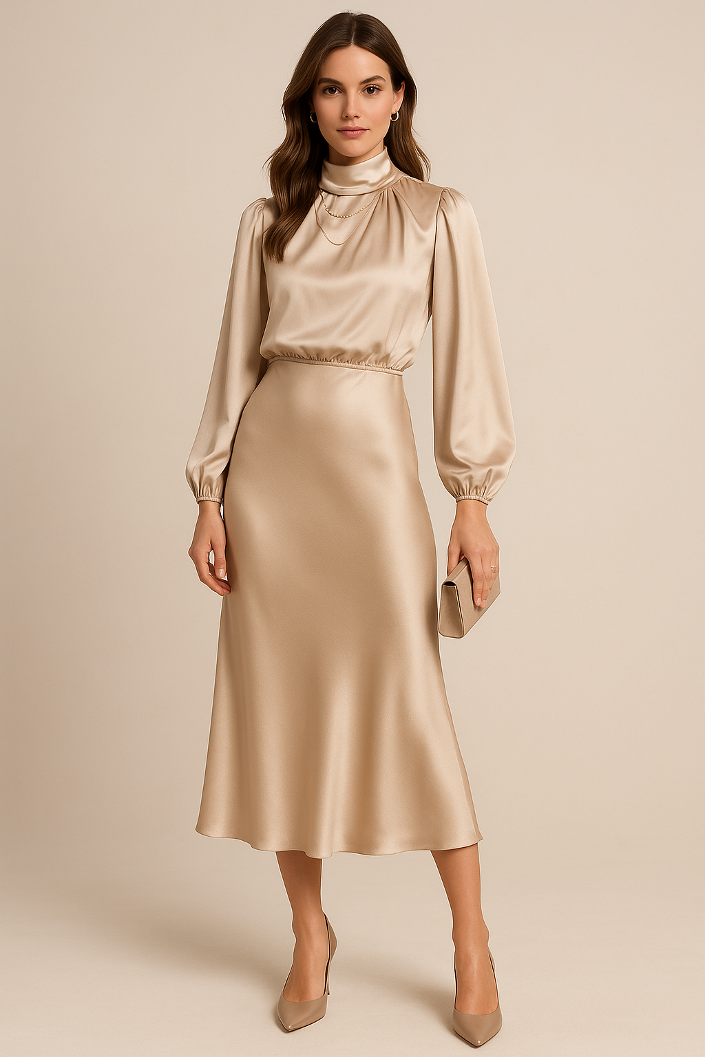 Vestido Midi De Satén Para Mujer | Cuello Alto · SeemSeem