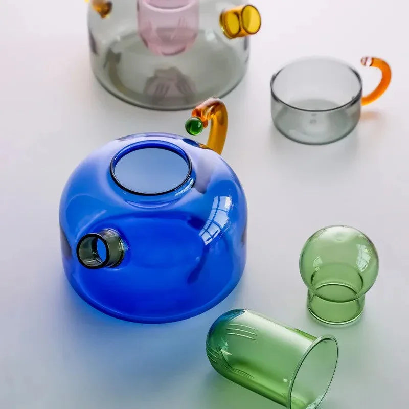 Farbige Glasteekanne mit zentralem Infusor | Modern gestaltetes Teeset - drinkware-SeemSeem
